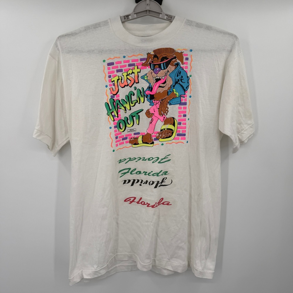 Vintage 1990 Saad Collection Florida Just Hangin Out Dog T-Shirt White Large